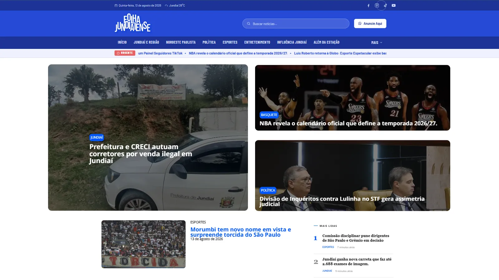Projeto Folha Jundiaiense — Portal de notícias desenvolvido pela Sites Rankly